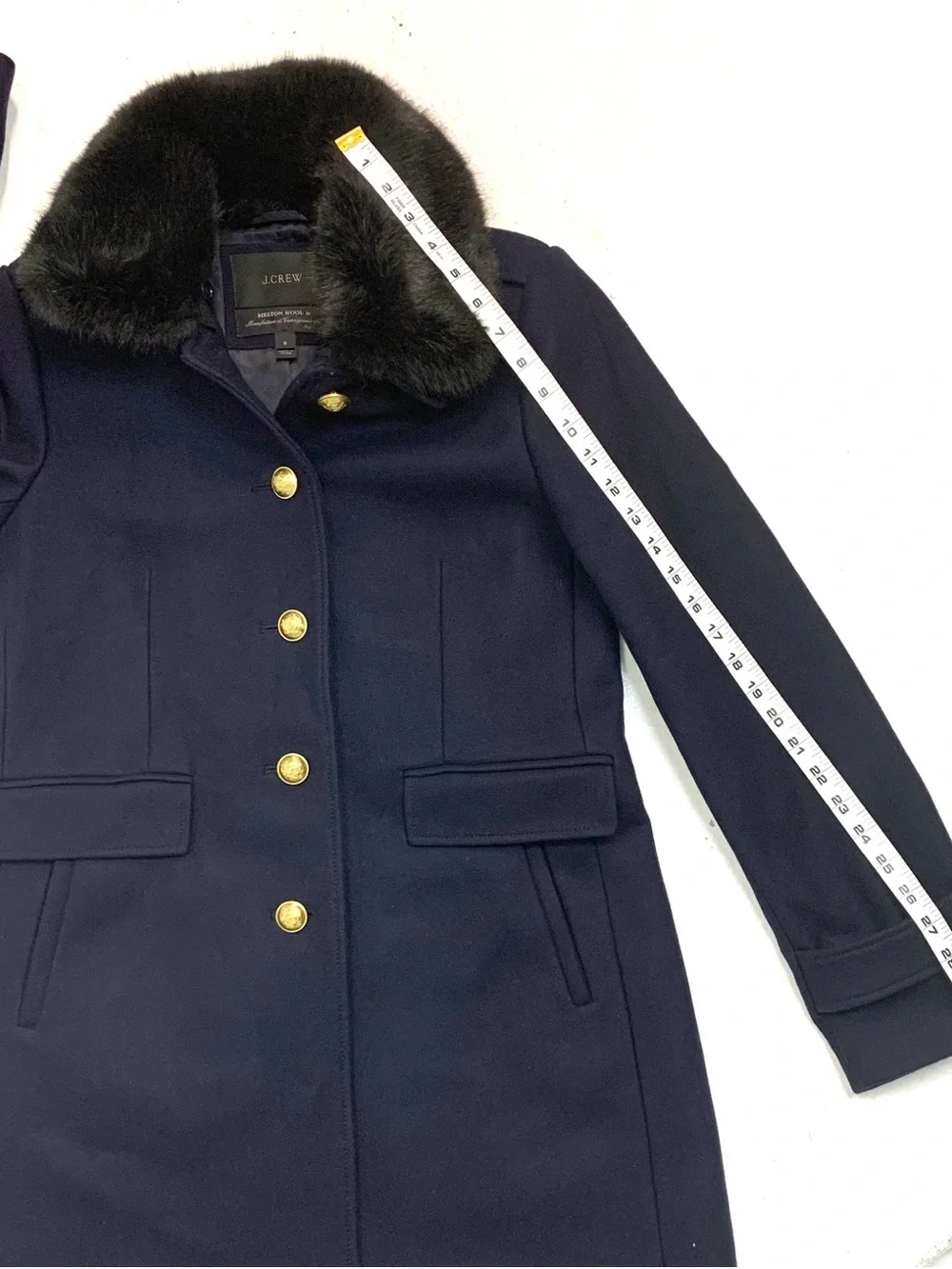 J Crew Women 8 Melton Wool Coat Faux Fur Collar Gold Crest Buttons Navy Overcoat